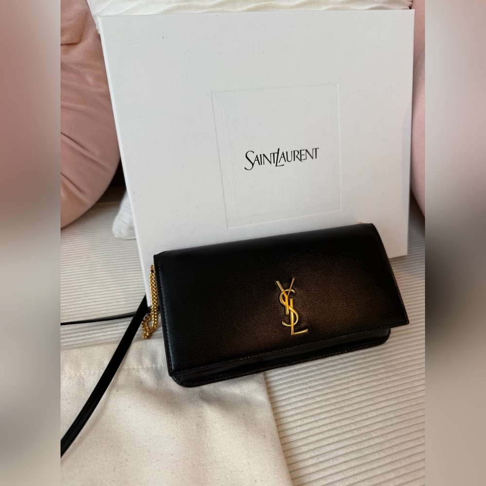 Yves Saint Laurent Cassandre Phone Holder Leather Chain Wallet Purse - Picture 3 of 11